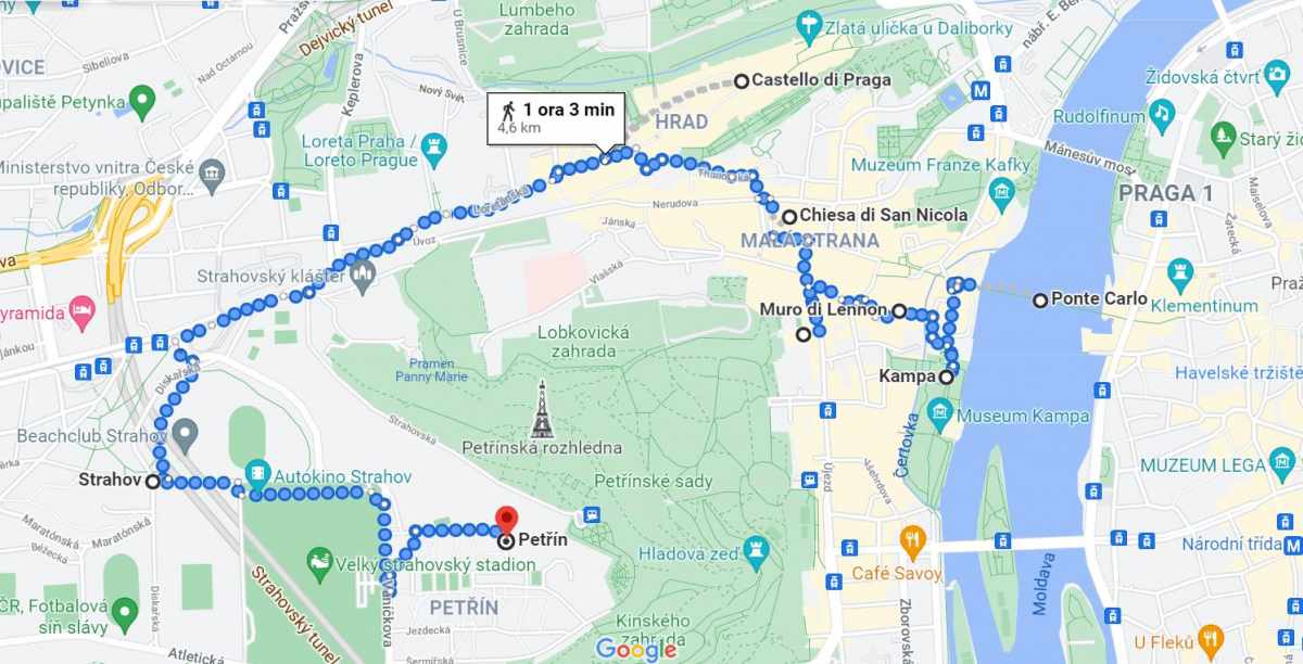 Mappa itinerario a Praga secondo giorno