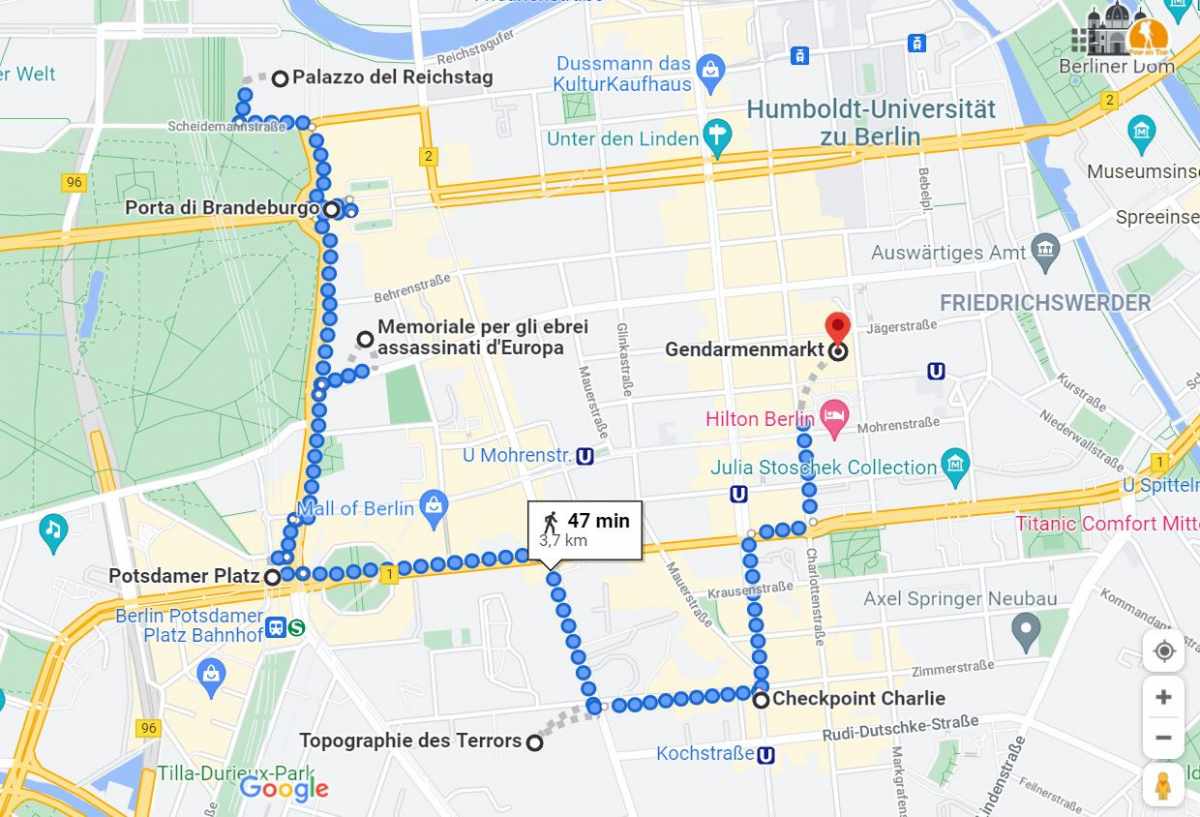 Mappa itinerario di Berlino del primo giorno