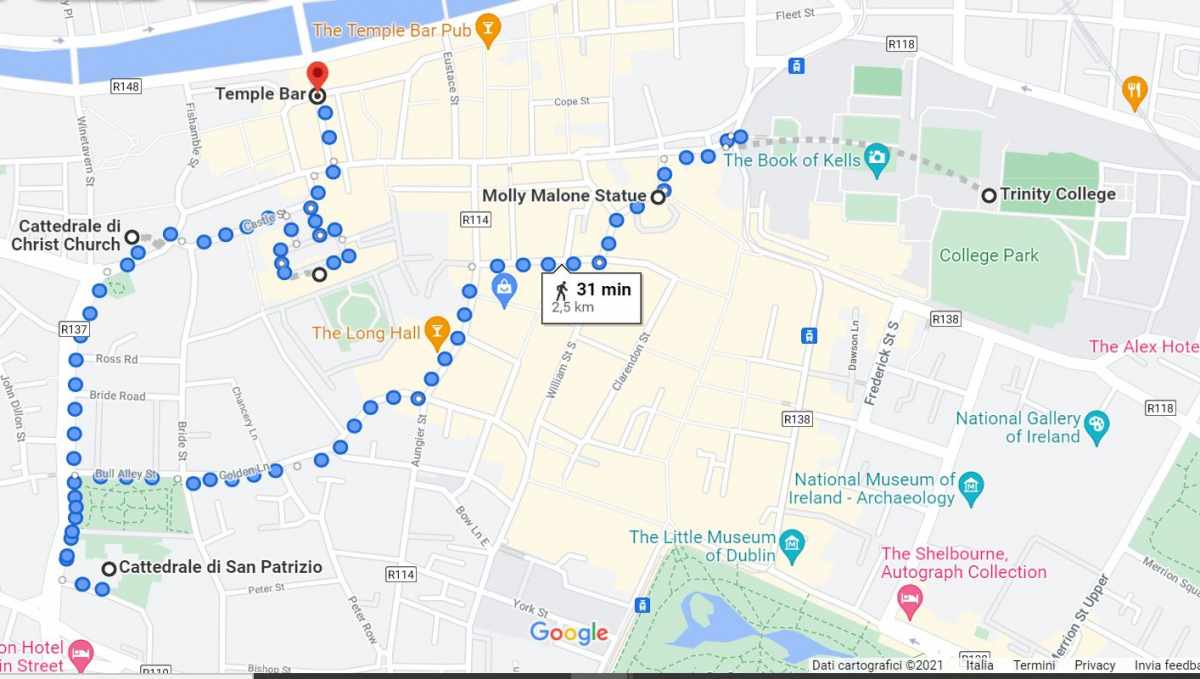 Mappa dell'itinerario del primo giorno a Dublino