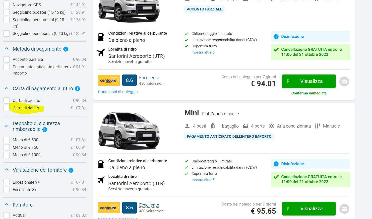 Noleggio auto Santorini senza carta di credito
