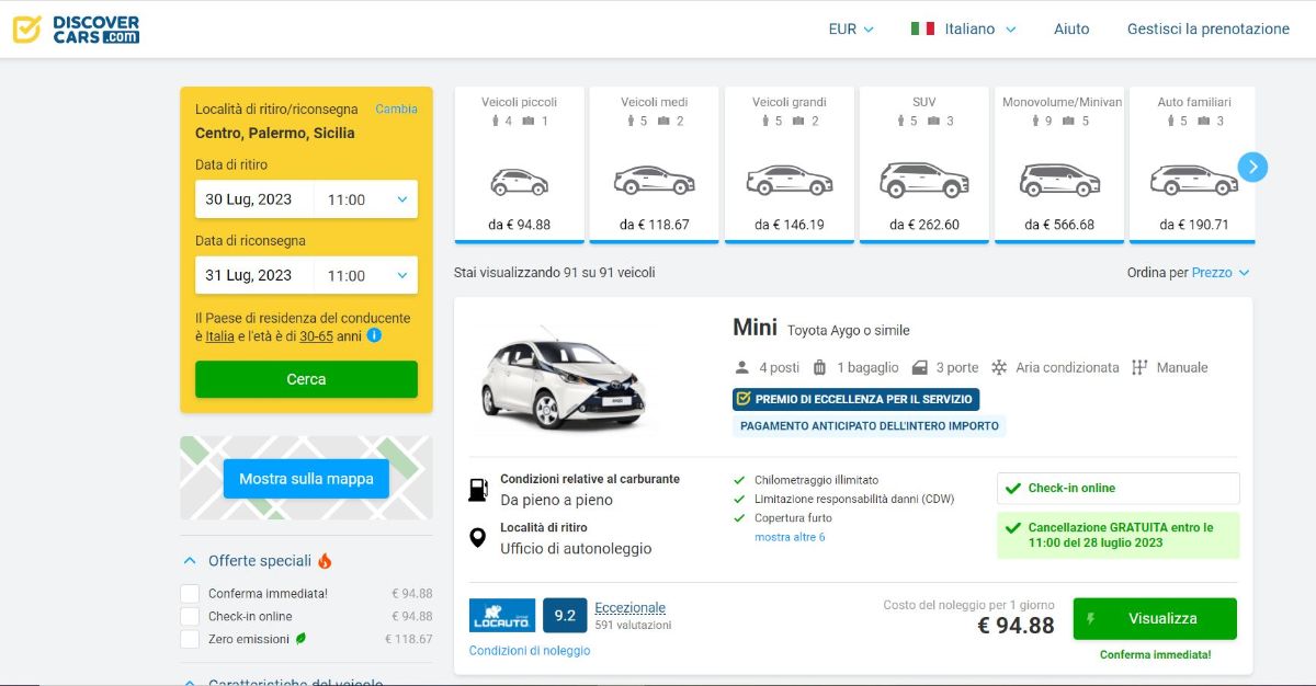 Noleggio auto Sicilia centro città prezzi