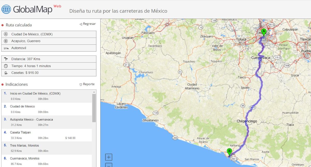 Screenshot del percorso in auto tramite Globalmap Mexico