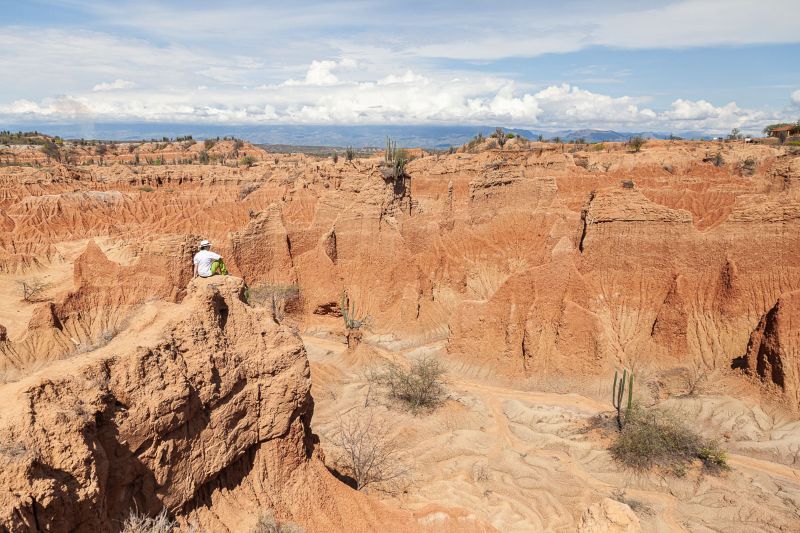 Panorama del deserto rosso della Tatacoa con cactus e cielo azzurro